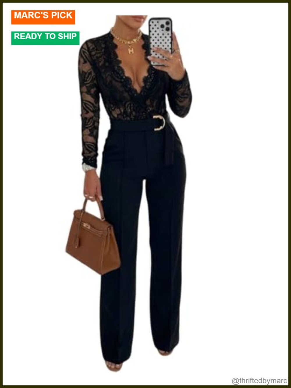 Floral Lace Jumpsuit Deep V Neck Long Sleeve Overalls Belt